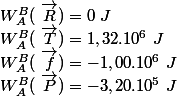 W_A^B(\ \overrightarrow{R} ) = 0~J
 \\ W_A^B(\ \overrightarrow{T} ) = 1,32.10^6~J
 \\ W_A^B(\ \overrightarrow{f} ) = - 1,00.10^6~J
 \\ W_A^B(\ \overrightarrow{P} ) = - 3,20.10^5~J